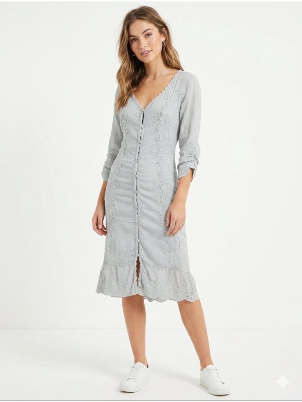 Charlie Paige Gray Embroidered Button-Down Cotton Midi Dress L/XL With Tie Waist